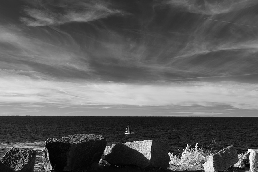 Infrared Seascape, with Sailboat.